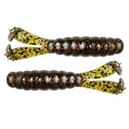 Fishing lure set with green and yellow speckled swimbaits, double hook tails