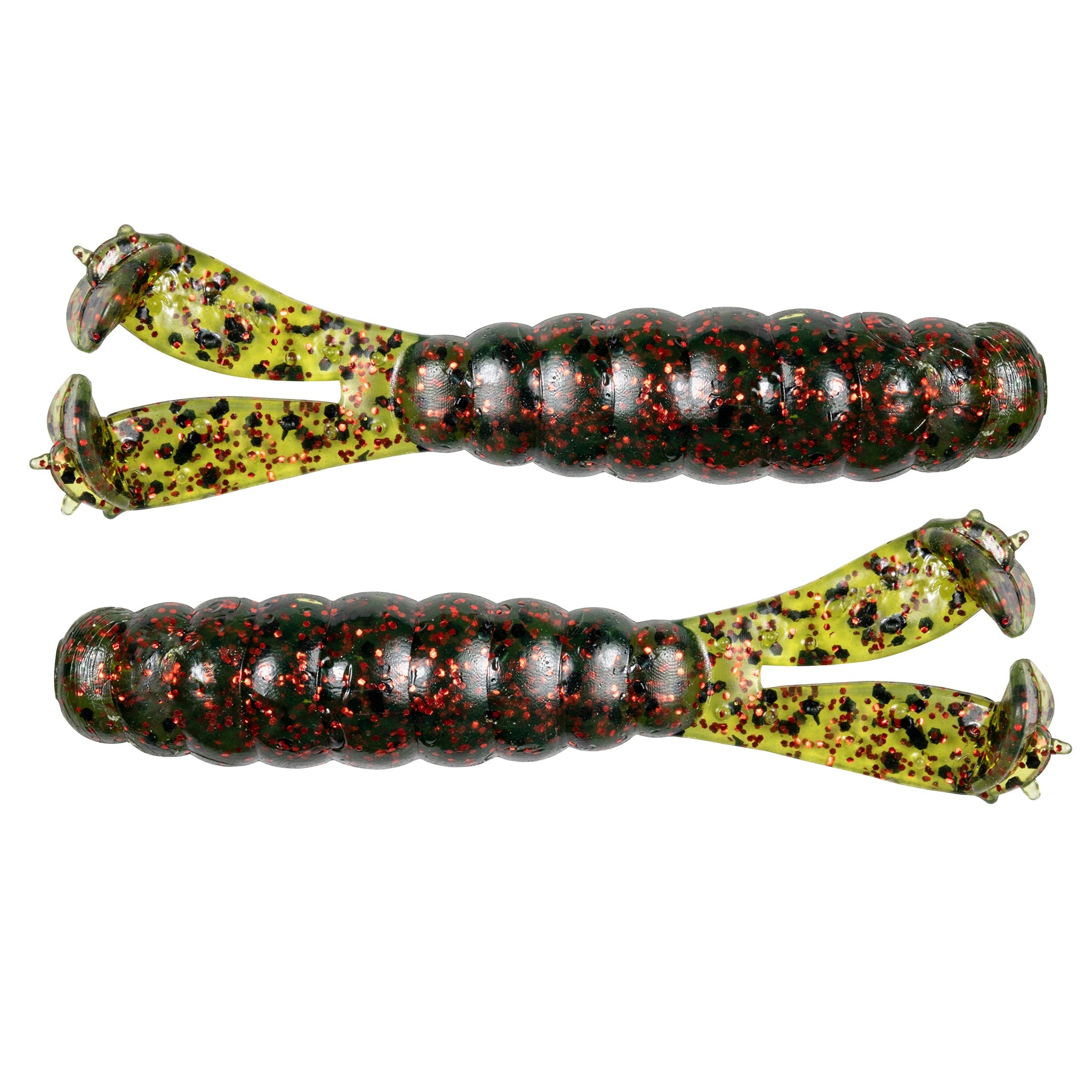 Fishing lure set with green and yellow speckled swimbaits, double hook tails