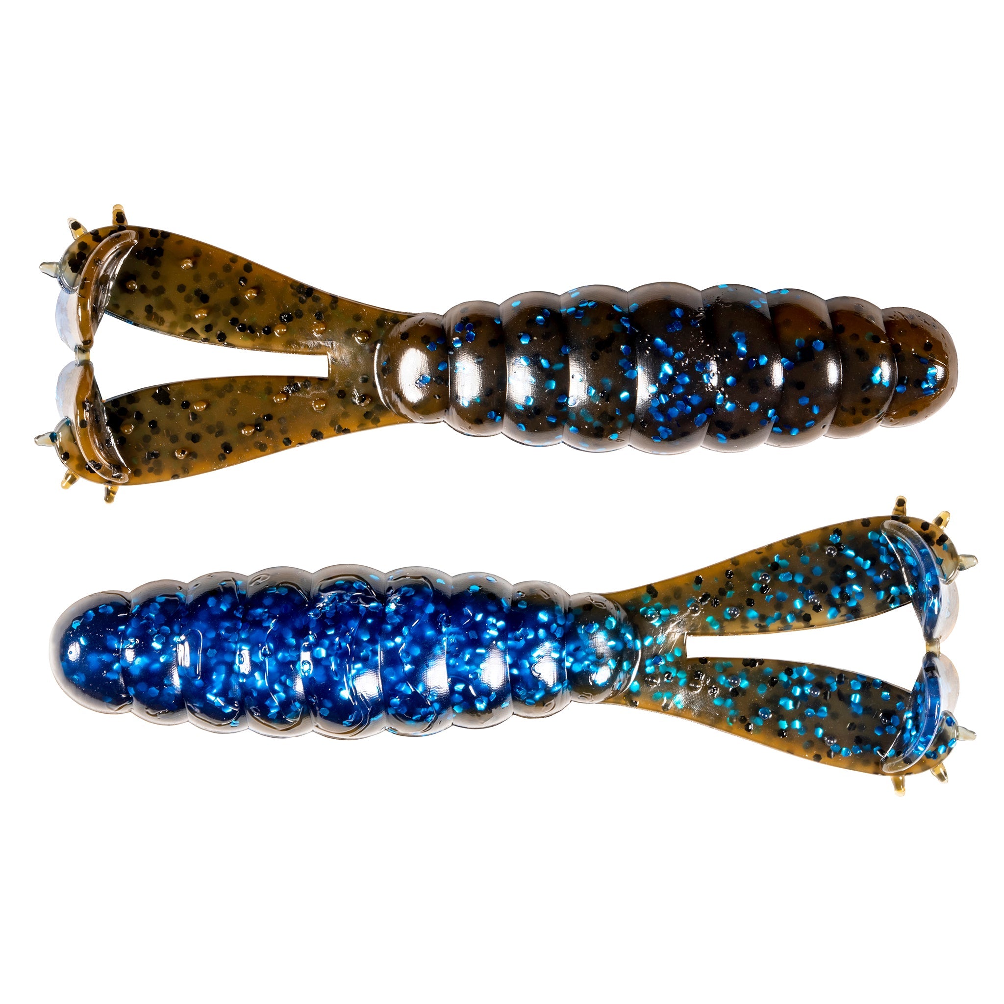 Fishing lure set with brown and blue glitter swimbaits, double-tongue hook heads