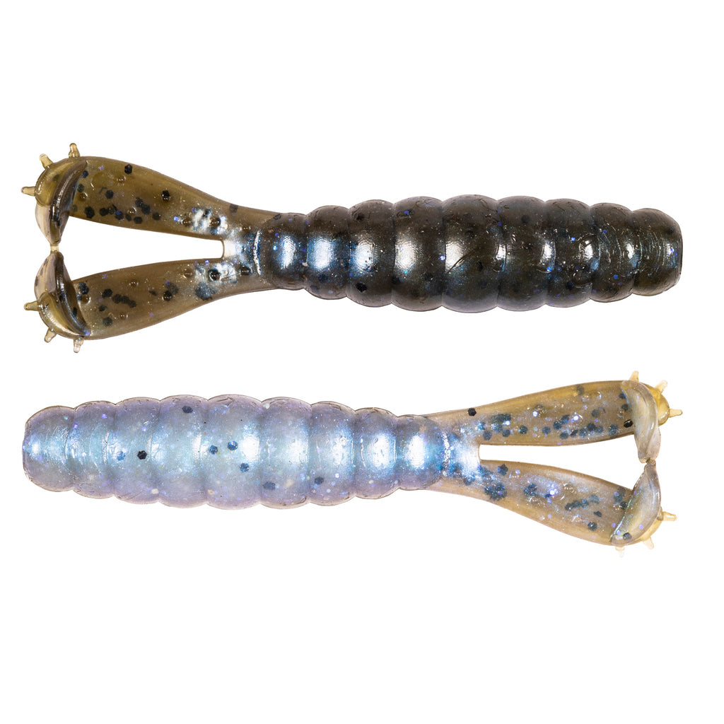 Fishing lure set with dark brown and icy blue swimbaits, speckled hook tails