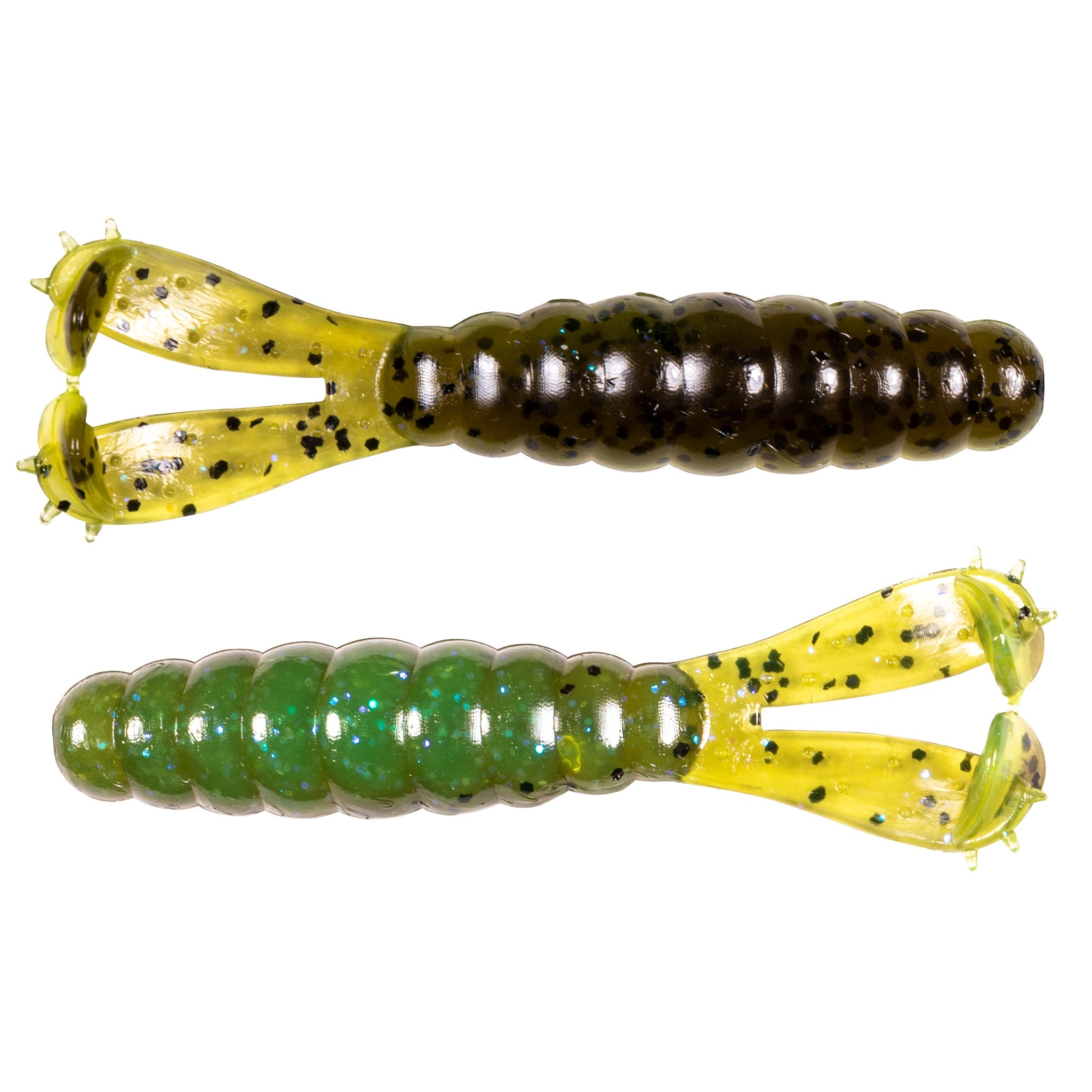 Fishing lure set with green and yellow swimbaits, speckled bodies with hook tails