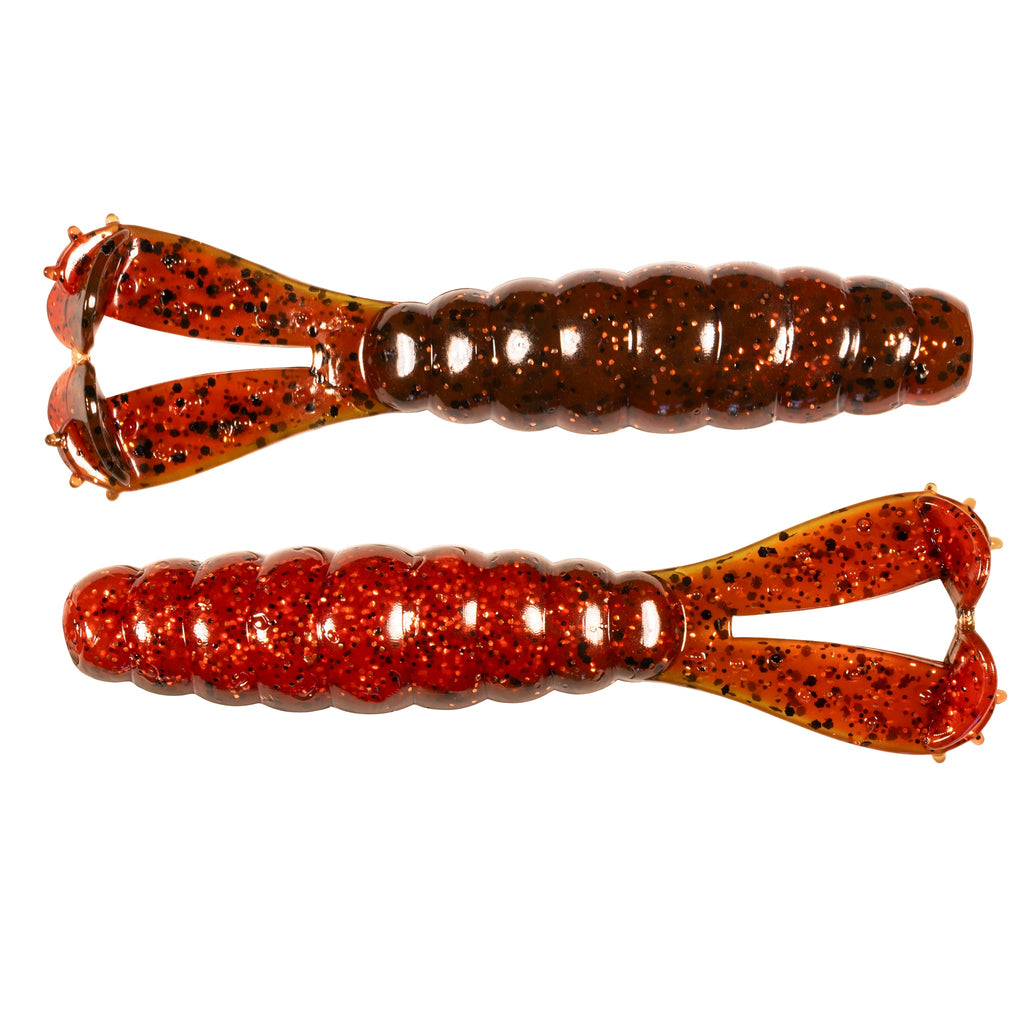 Fishing lure set with orange and red glitter swimbaits, ribbed bodies and hook ends