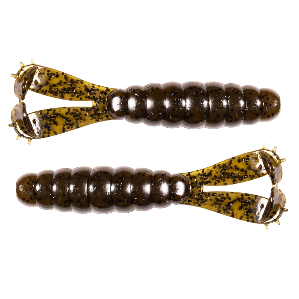 Fishing lure set with olive-brown speckled swimbaits, two hook frames at ends