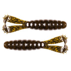 Fishing lure set with olive-brown speckled swimbaits, two hook frames at ends