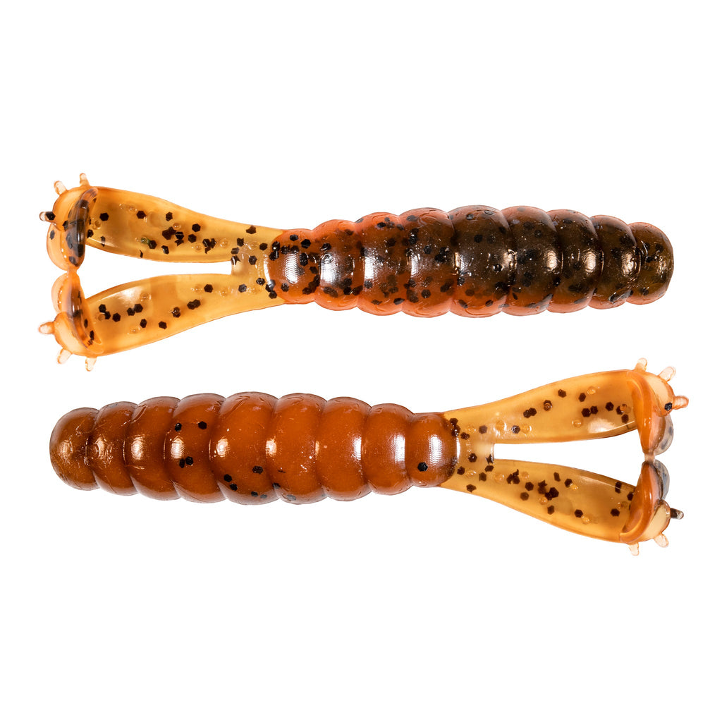 Fishing lure set with orange-brown speckled swimbaits, translucent hook-tail frames