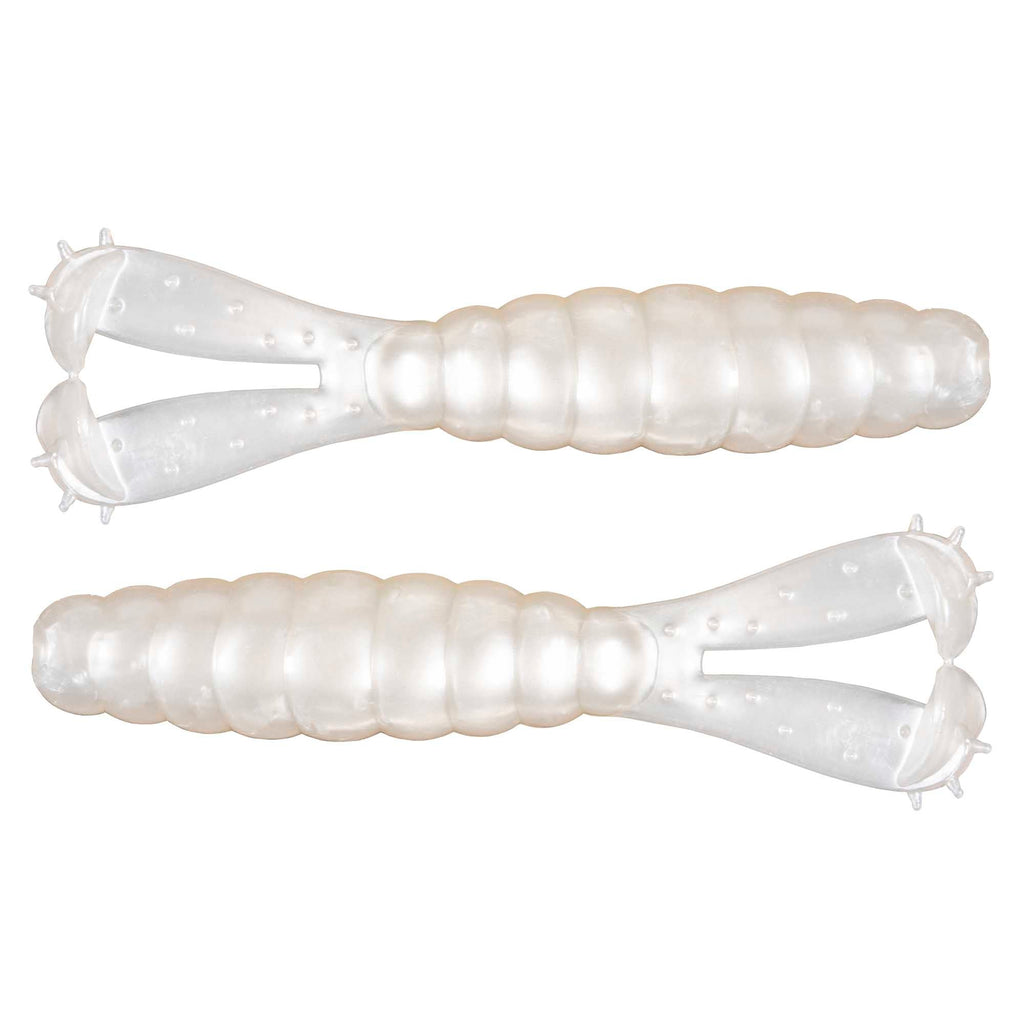Pearl white translucent soft plastic bait with speckled body and forked tail hooks