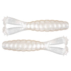Pearl white translucent soft plastic bait with speckled body and forked tail hooks