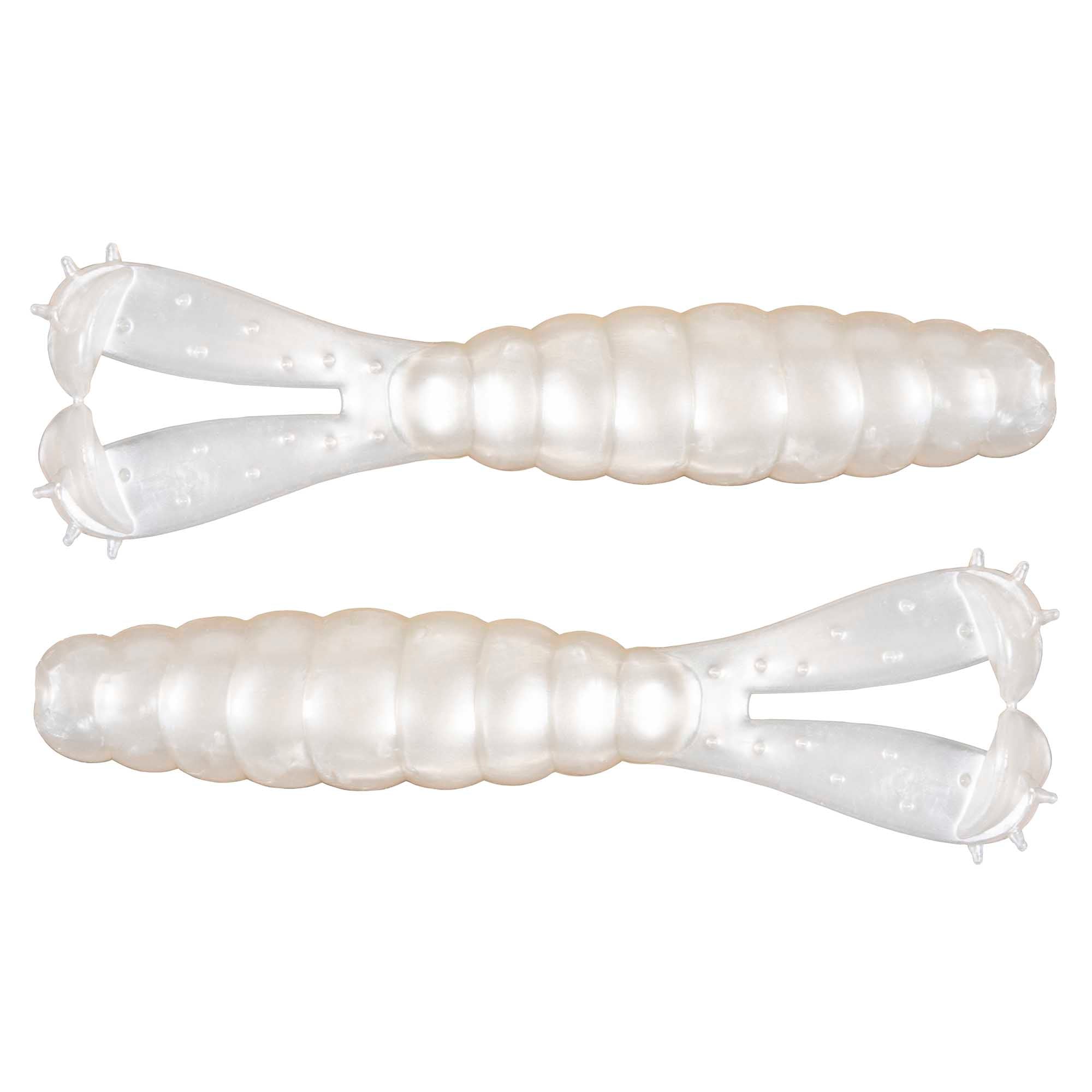 Pearl white translucent soft plastic bait with speckled body and forked tail hooks