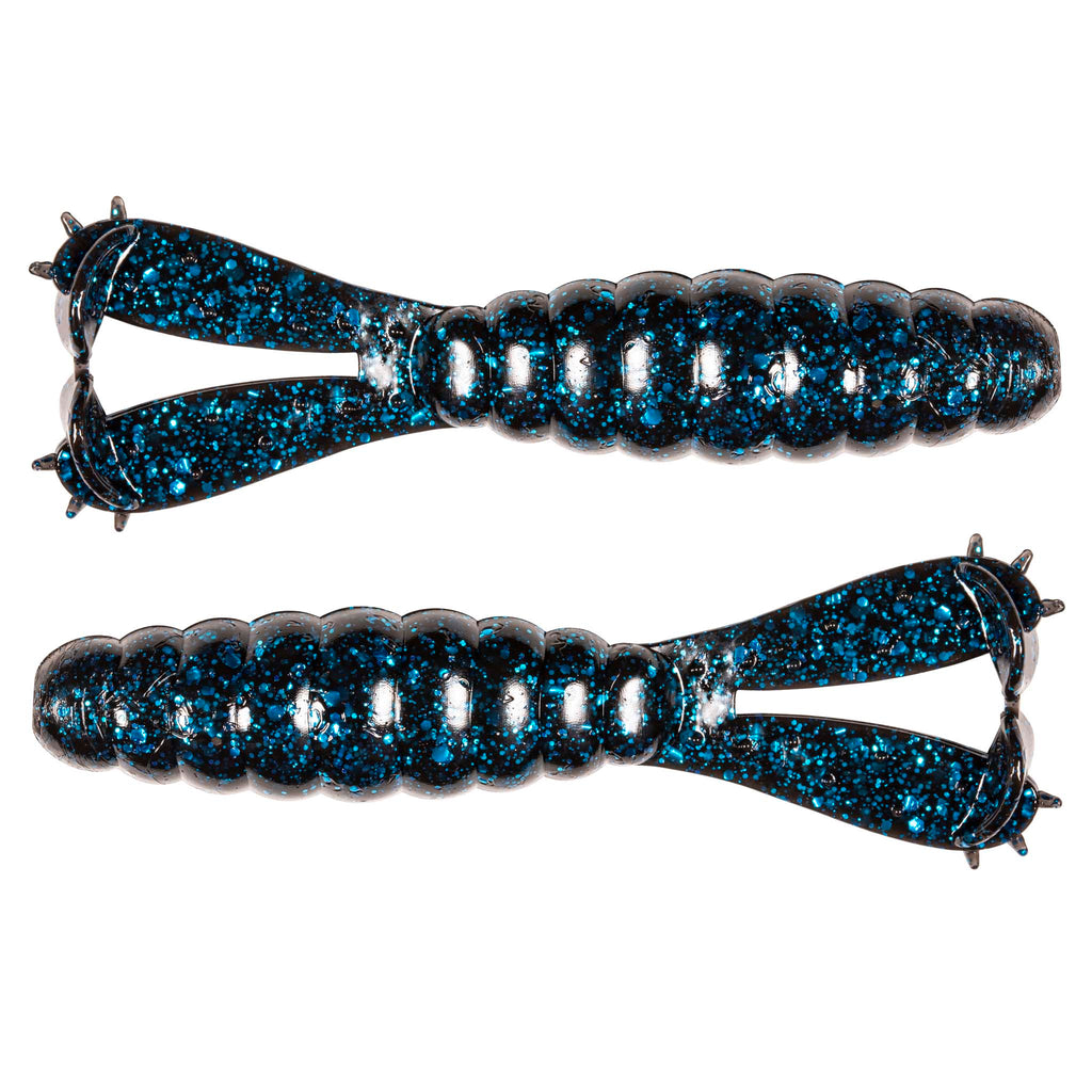 Two glitter blue segmented swimbait fishing lures with treble hooks
