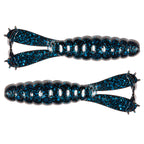 Two glitter blue segmented swimbait fishing lures with treble hooks