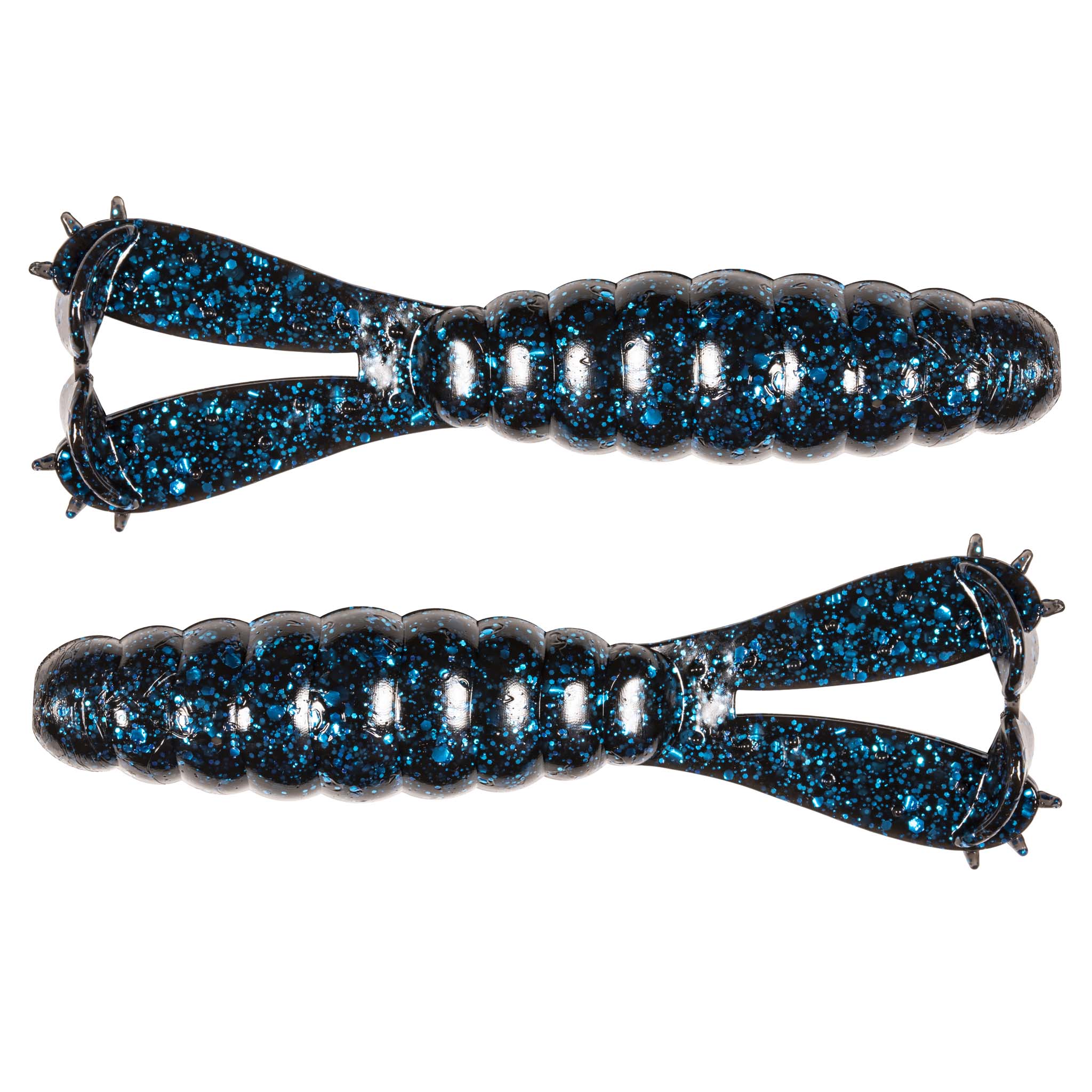 Two glitter blue segmented swimbait fishing lures with treble hooks