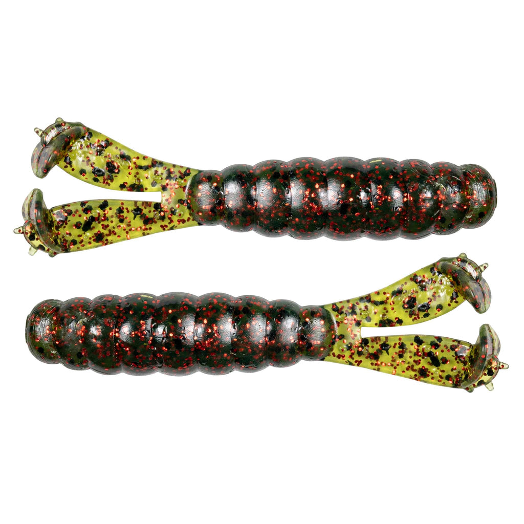Two segmented swimbait fishing lures, speckled green-yellow heads and dark bodies