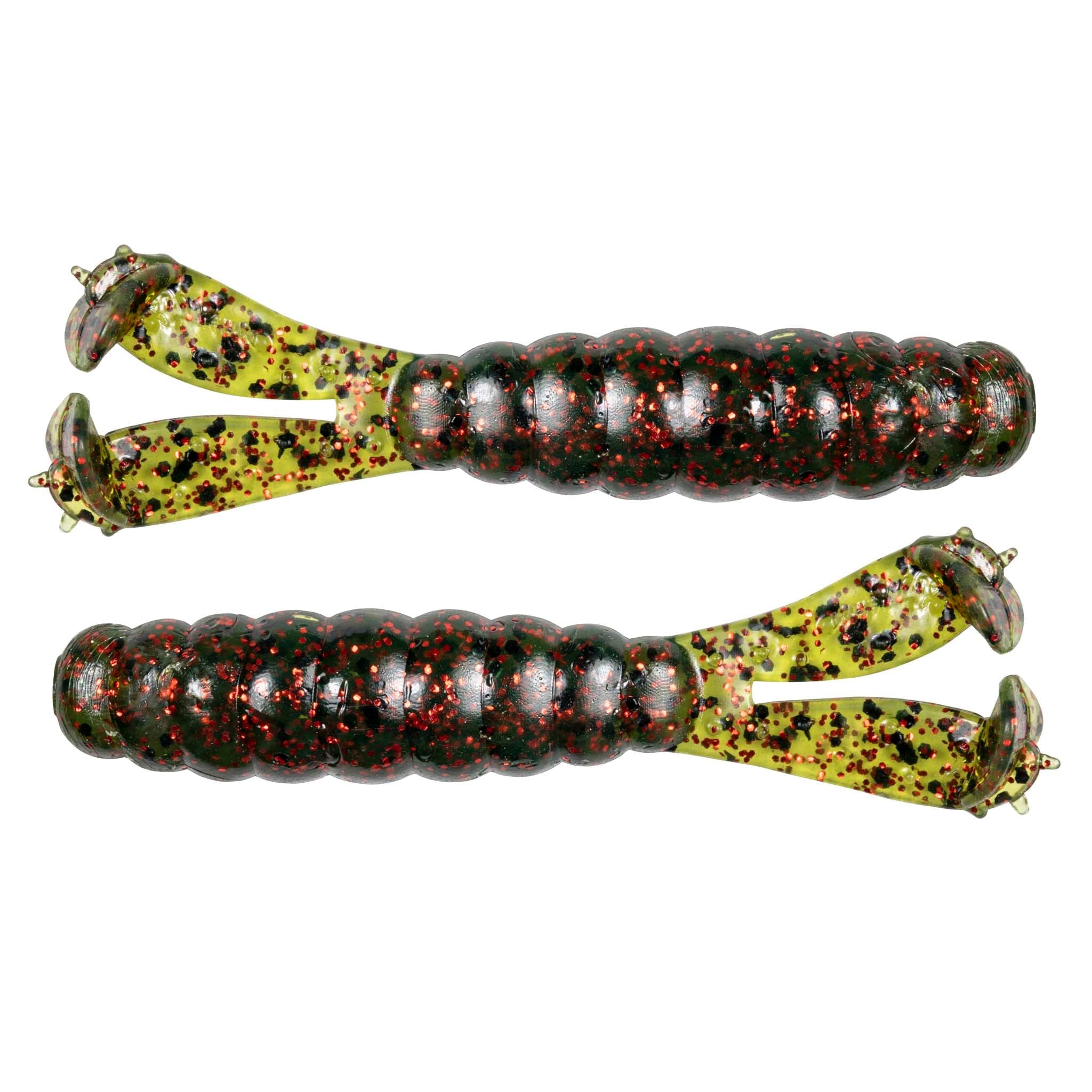 Two segmented swimbait fishing lures, speckled green-yellow heads and dark bodies