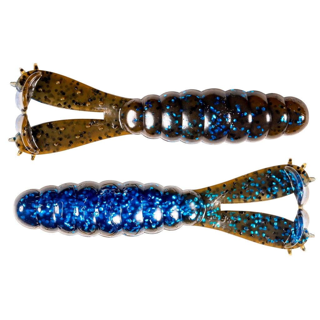 Two glitter segmented swimbait fishing lures, blue bodies with gold heads