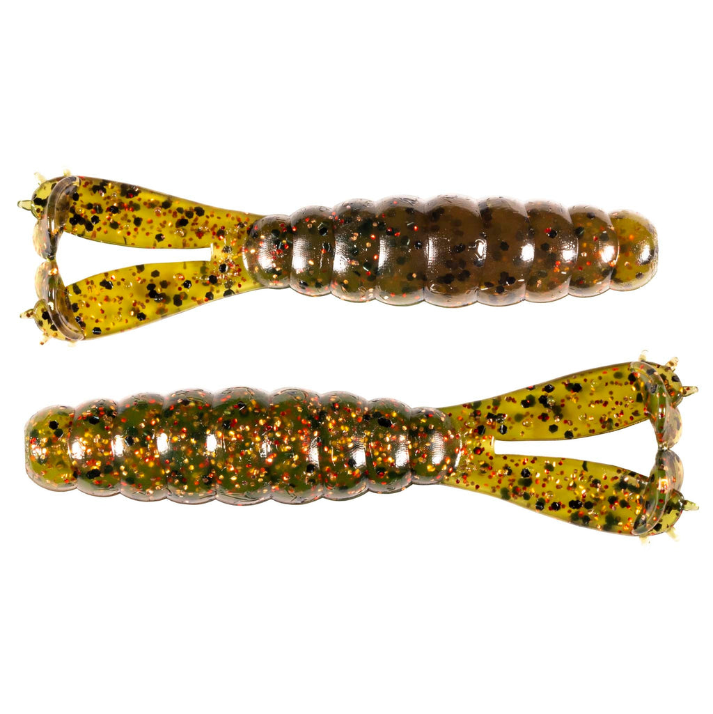 Two glitter segmented swimbait fishing lures, gold-green and amber speckled