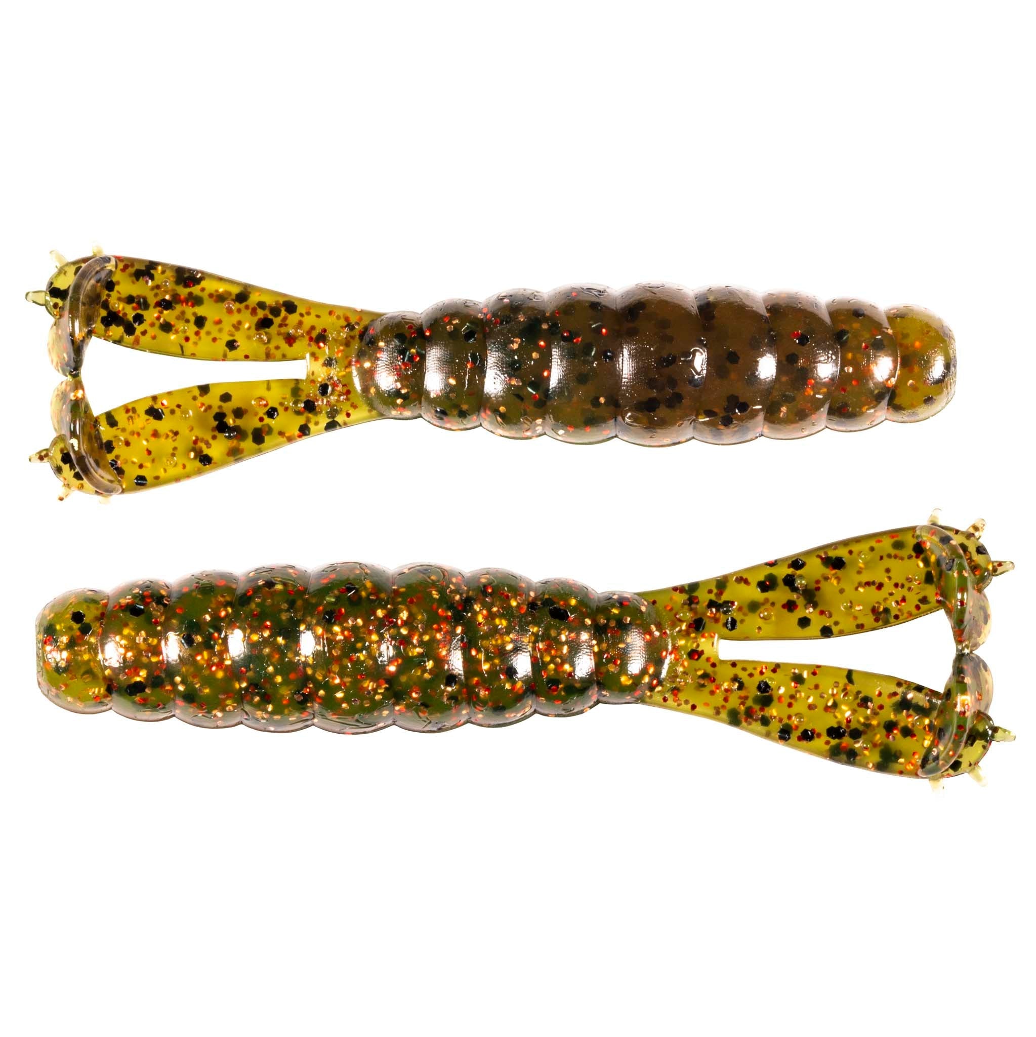 Two glitter segmented swimbait fishing lures, gold-green and amber speckled