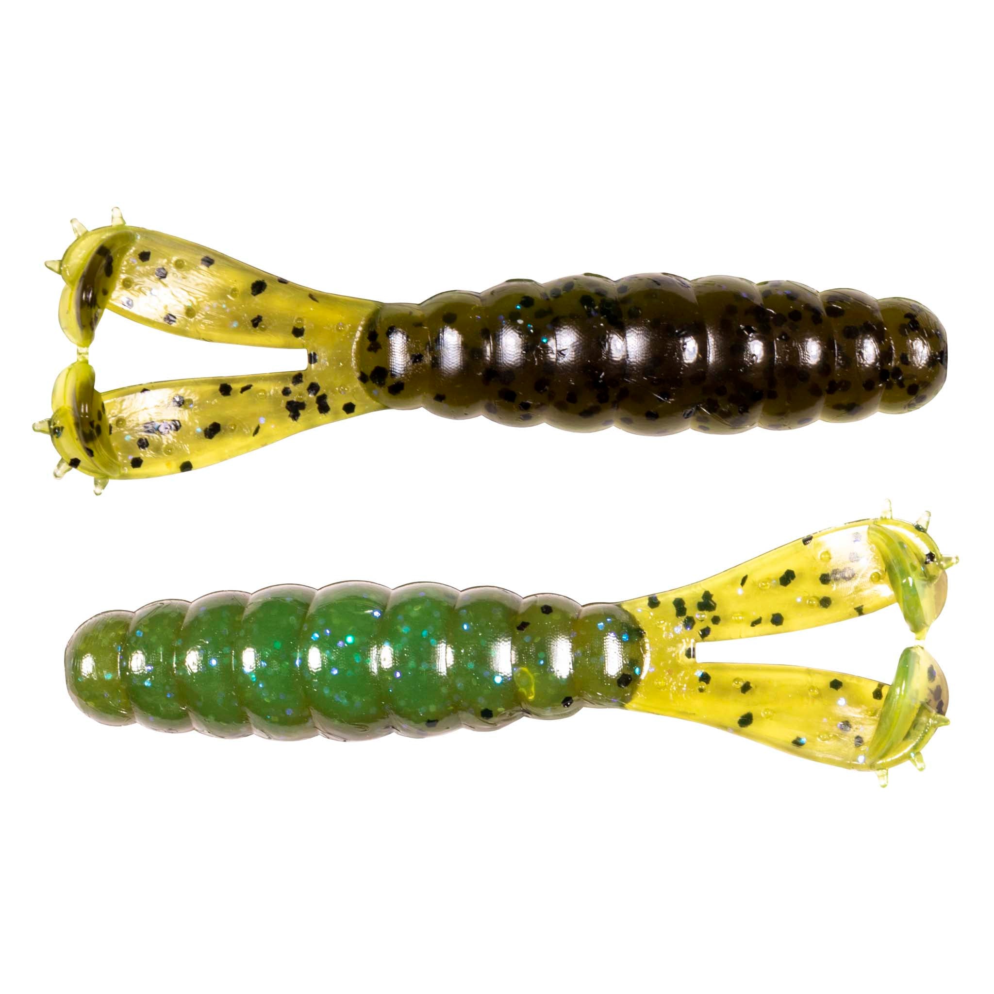 Two segmented swimbait fishing lures, yellow-green bodies with dark ends