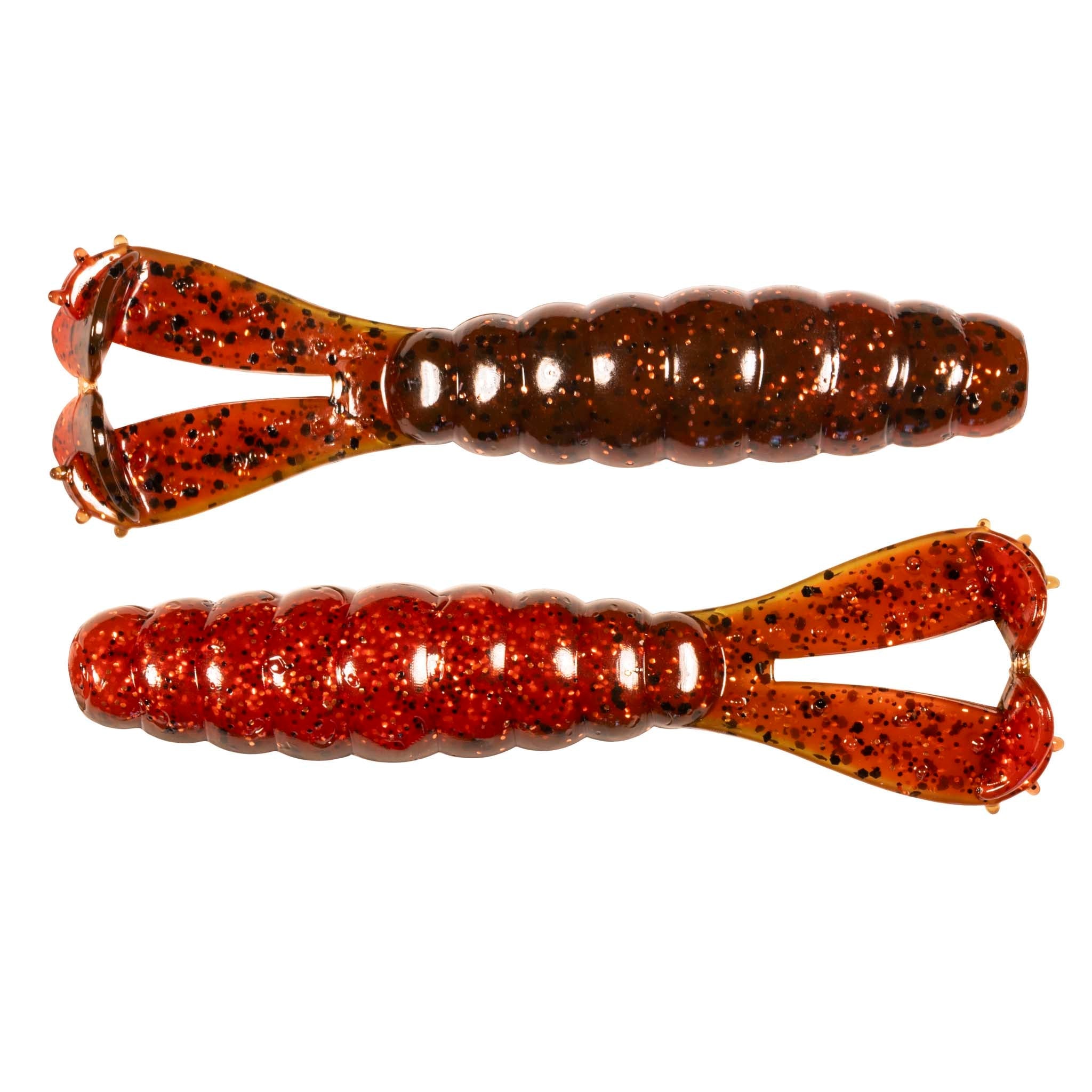 Two orange glitter segmented swimbait fishing lures with treble hooks
