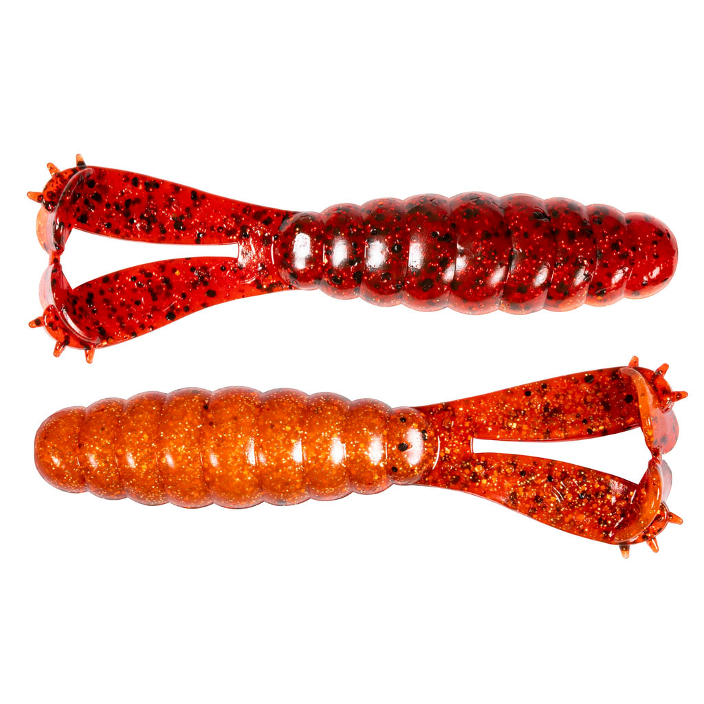 Two red glitter segmented swimbait fishing lures with treble hooks