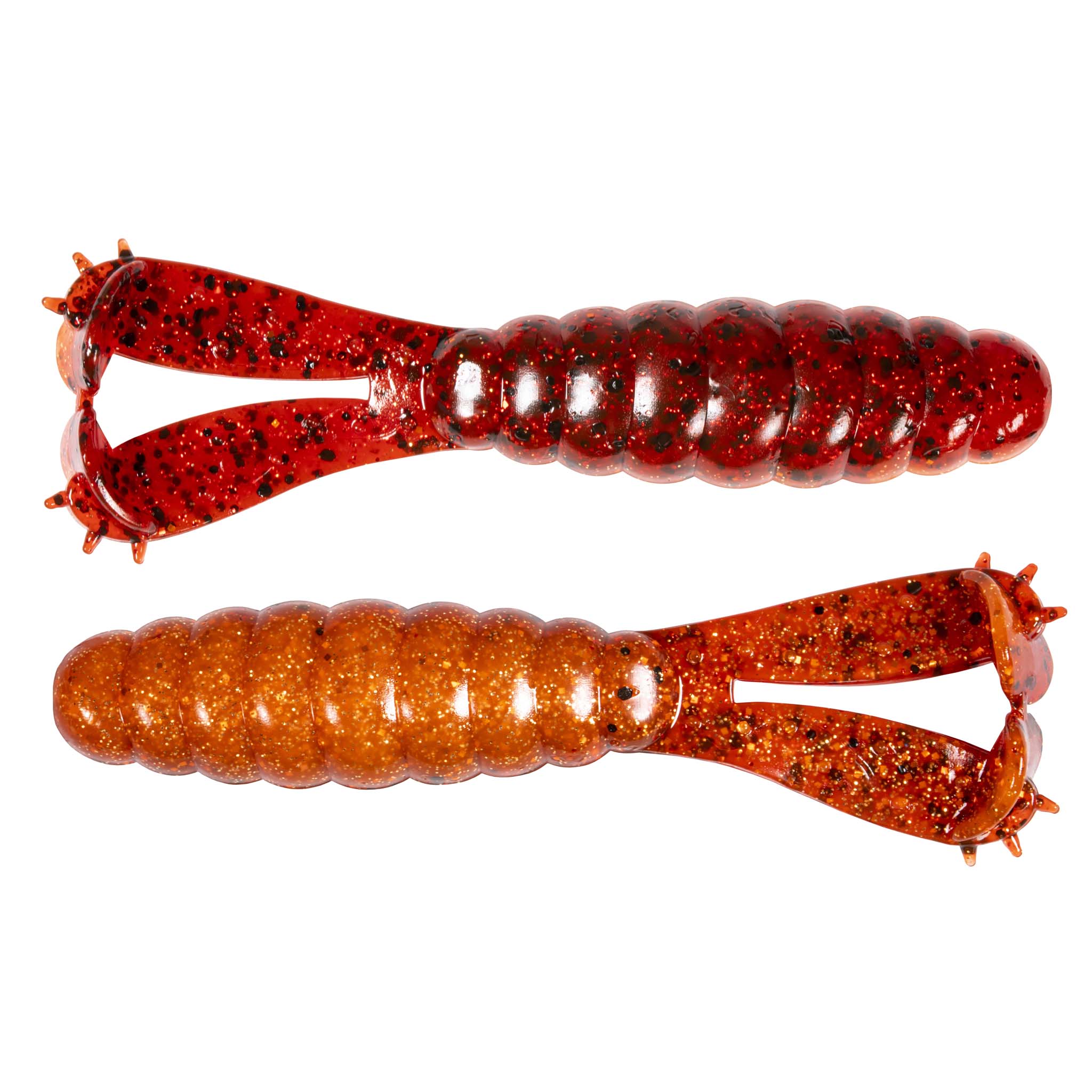 Two red glitter segmented swimbait fishing lures with treble hooks