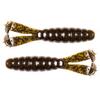 Two segmented swimbait fishing lures, dark brown bodies with speckled gold heads