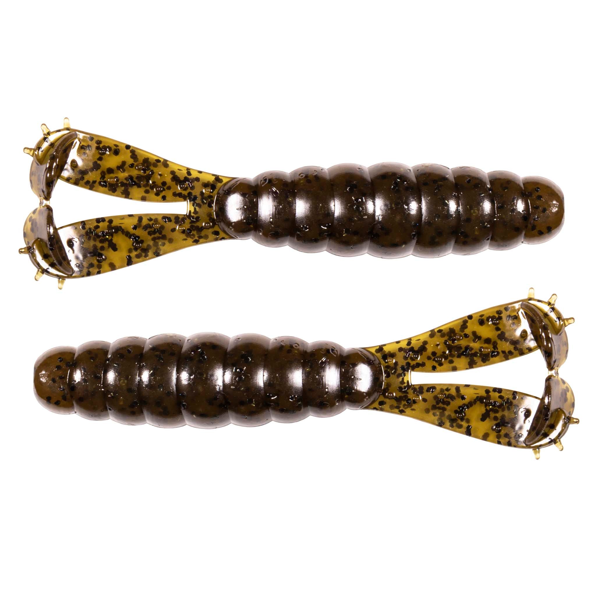 Two segmented swimbait fishing lures, dark brown bodies with speckled gold heads