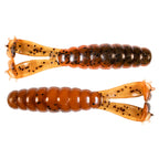 Two segmented swimbait fishing lures, orange and caramel bodies with tan speckle tails