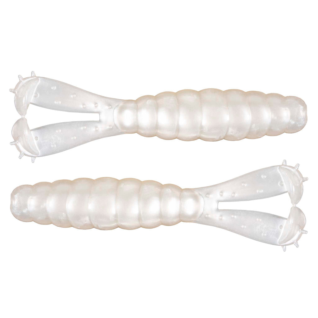 Translucent white segmented soft plastic fishing lure with flared tail fins