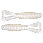 Translucent white segmented soft plastic fishing lure with flared tail fins