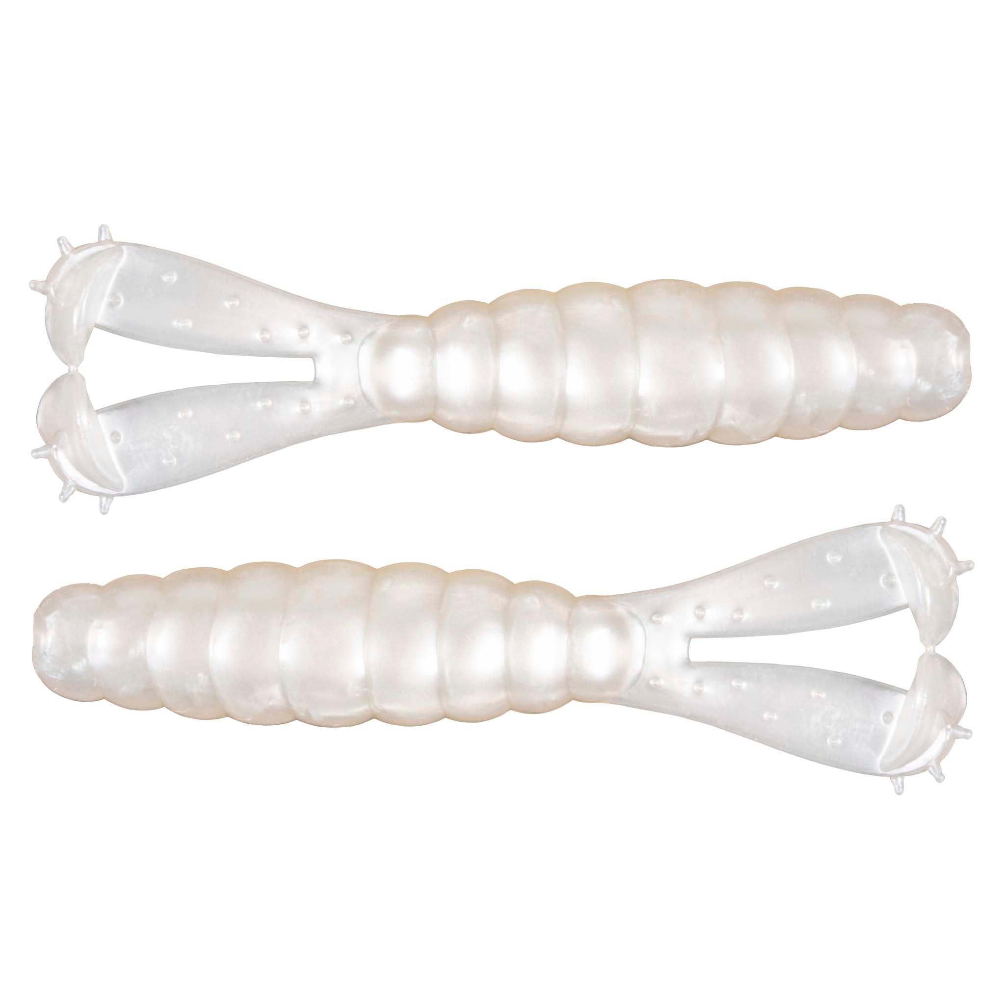 Translucent white segmented soft plastic fishing lure with flared tail fins