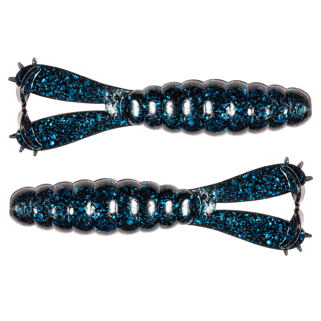 Blue glitter fishing lure with jointed body, split tail, and two treble hooks