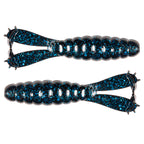 Blue glitter fishing lure with jointed body, split tail, and two treble hooks