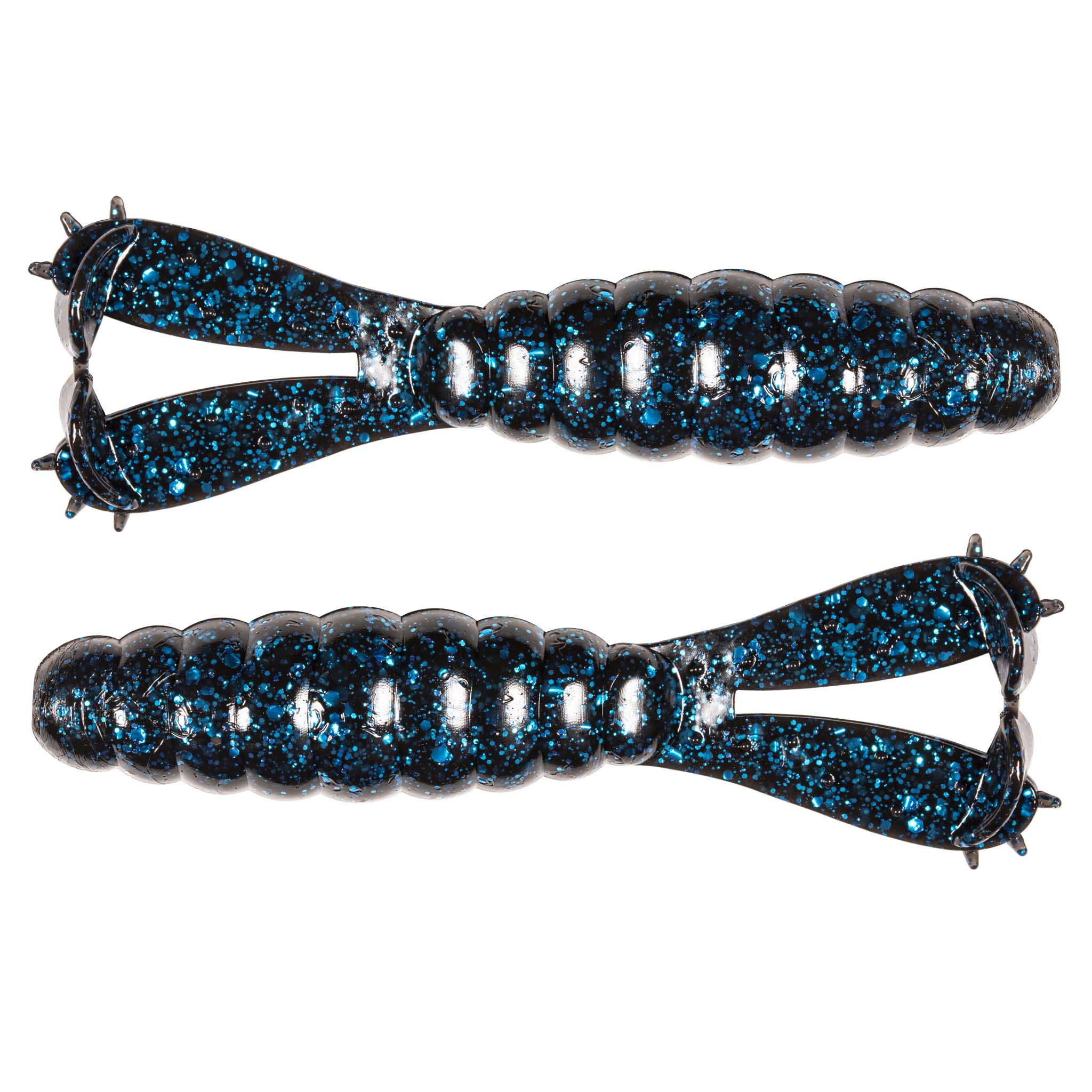 Blue glitter fishing lure with jointed body, split tail, and two treble hooks
