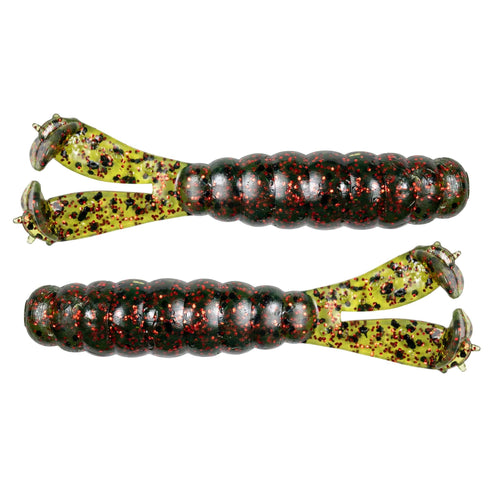 Soft plastic fishing lure pair with glittery black-purple bodies and yellow-green tails