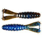 Soft plastic fishing lure pair with blue-shimmer bodies and speckled brown tails