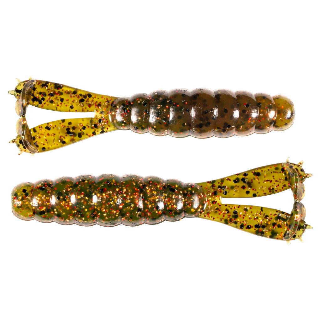 Soft plastic fishing lure pair with glittery amber-gold bodies and yellow speckled tails