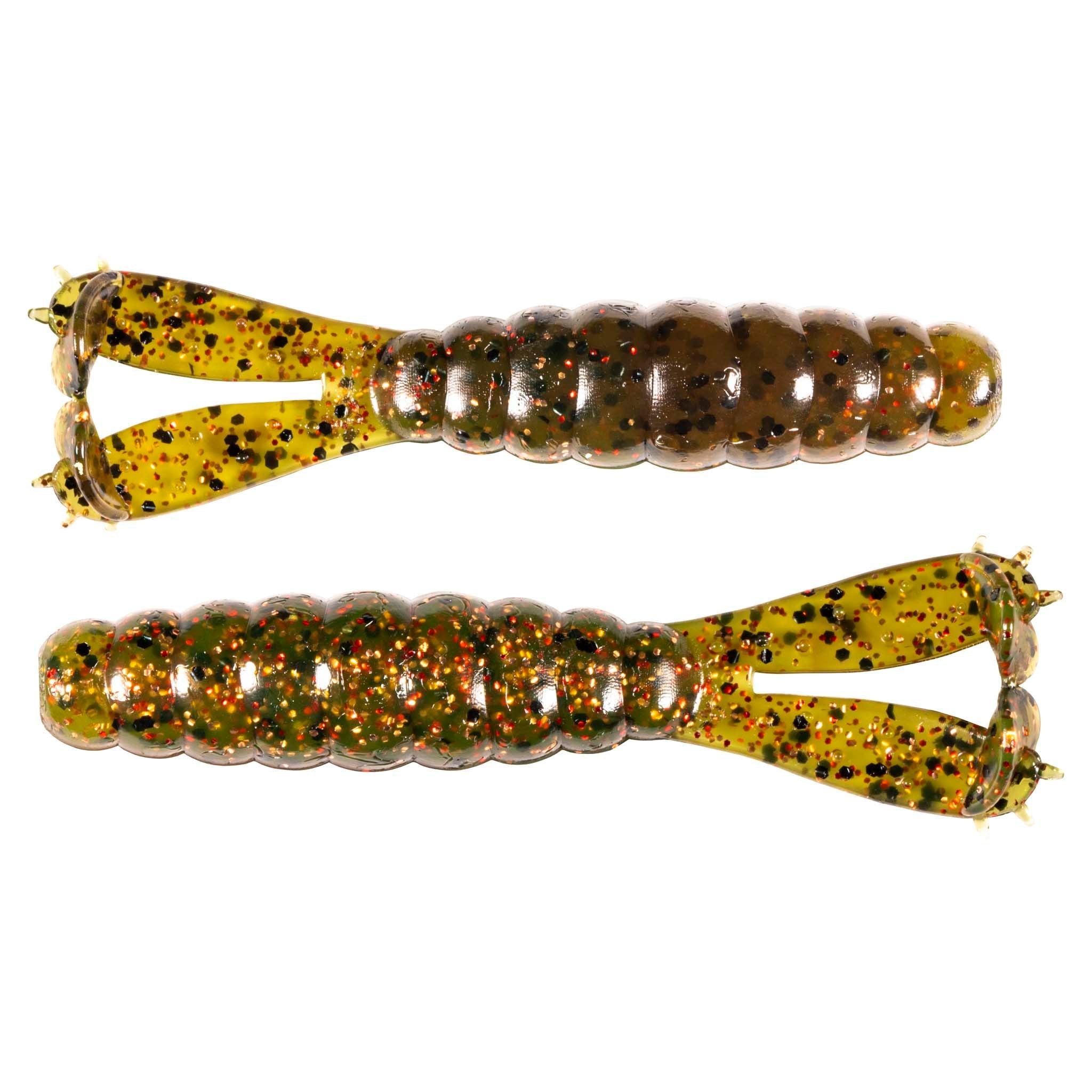 Soft plastic fishing lure pair with glittery amber-gold bodies and yellow speckled tails
