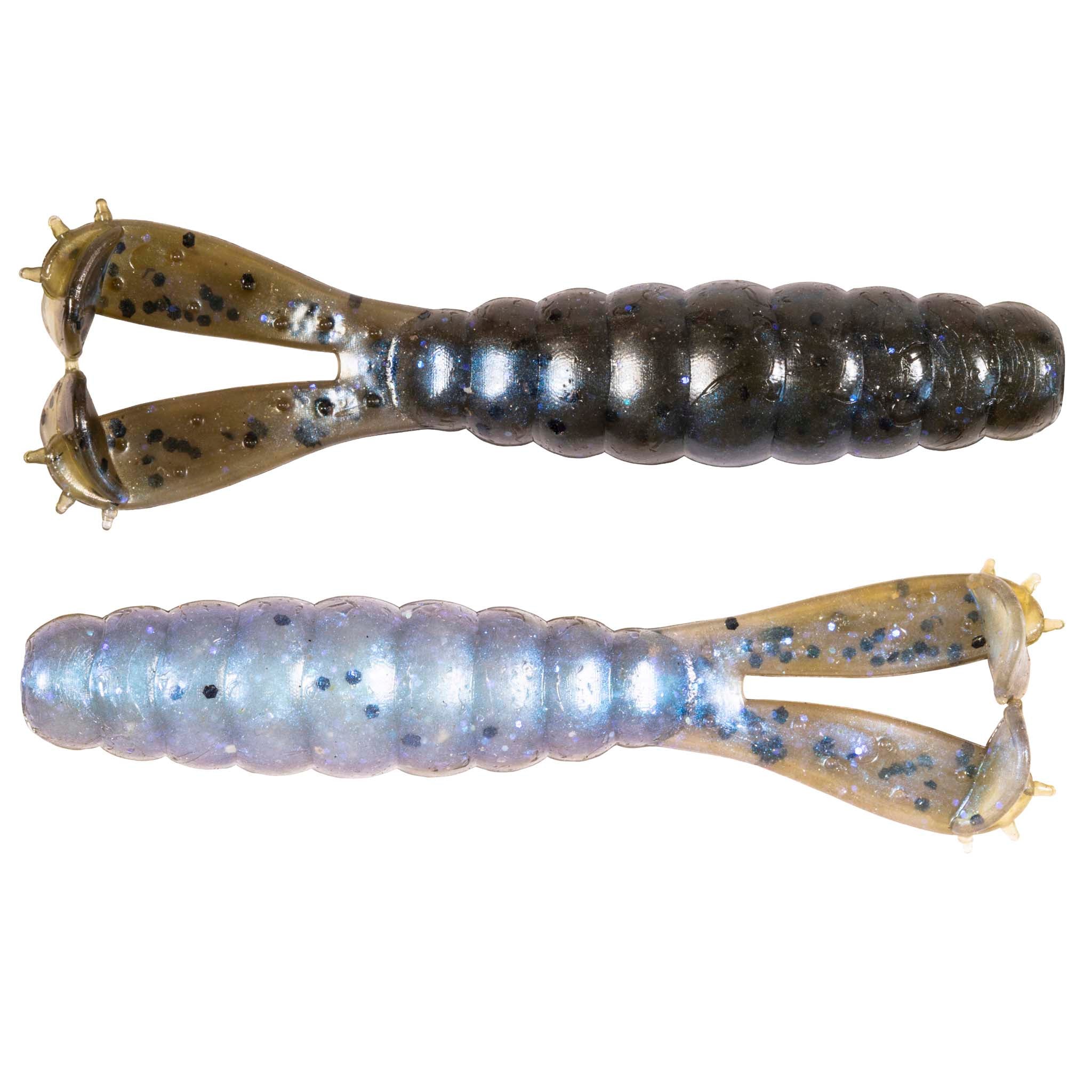 Soft plastic fishing lure pair in dark brown and shimmery silver-blue with spots