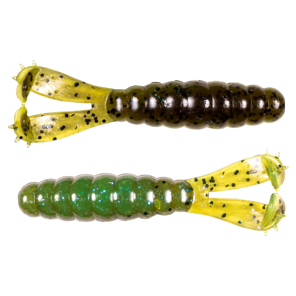 Soft plastic fishing lure pair in olive and translucent green with black speckles