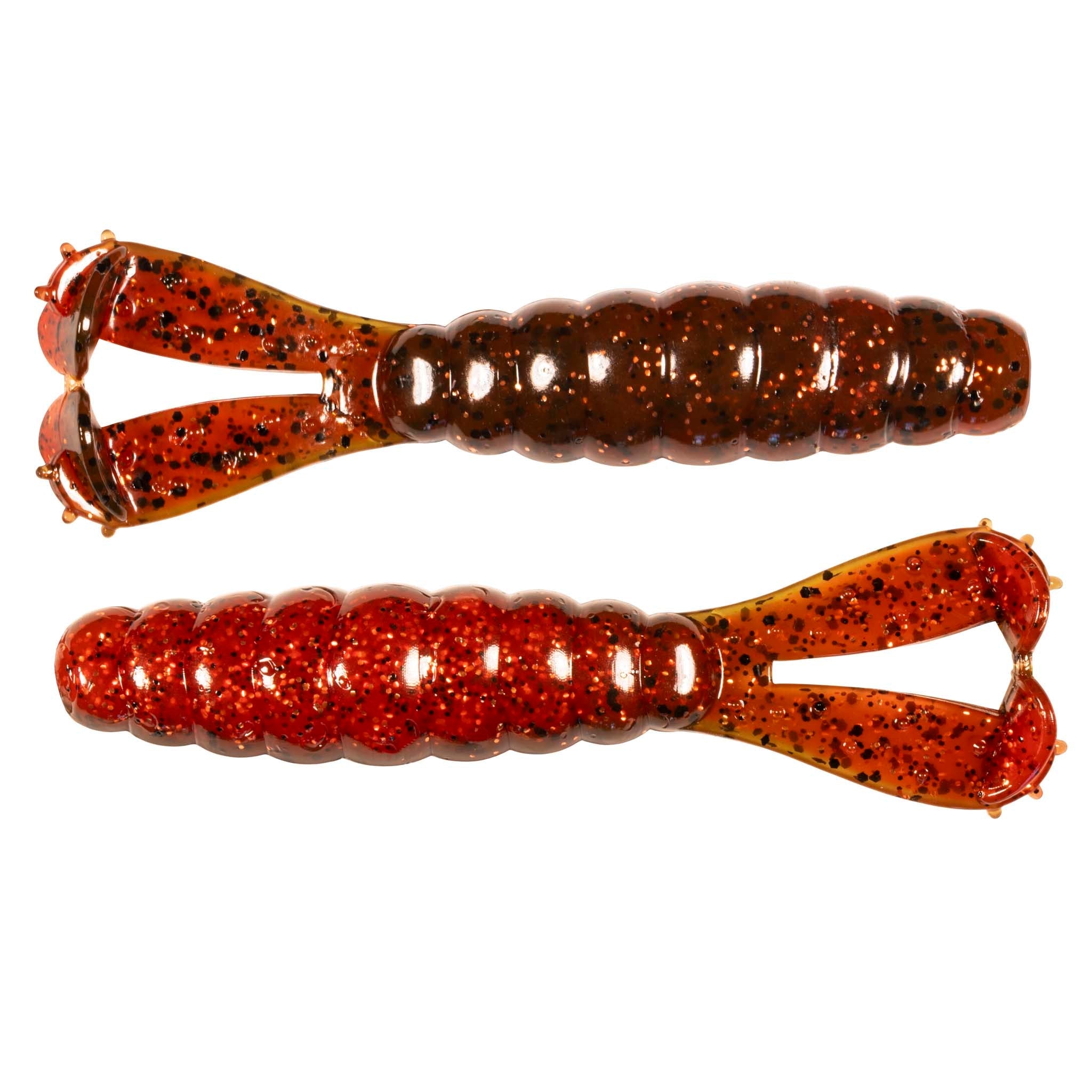 Soft plastic fishing lure pair in orange-red tones with speckled brown mid-sections