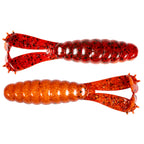 Soft plastic fishing lure pair in red-orange glitter with darker segmented bodies