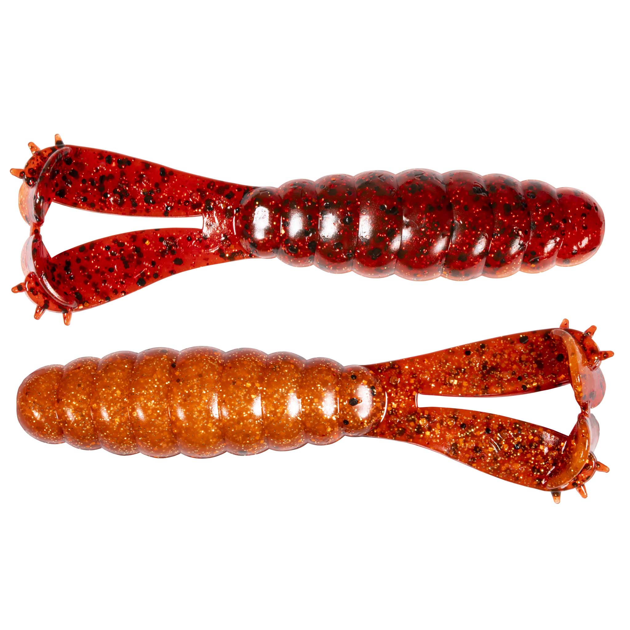 Soft plastic fishing lure pair in red-orange glitter with darker segmented bodies