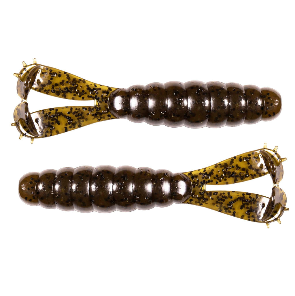 Soft plastic fishing lure pair in dark brown with speckled green bodies and tails