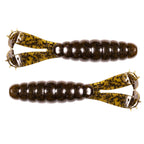 Soft plastic fishing lure pair in dark brown with speckled green bodies and tails