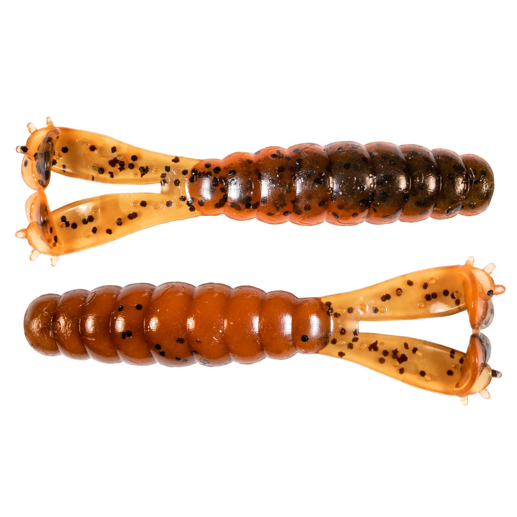 Soft plastic fishing lure pair in tan-brown and light tan with dark speckles