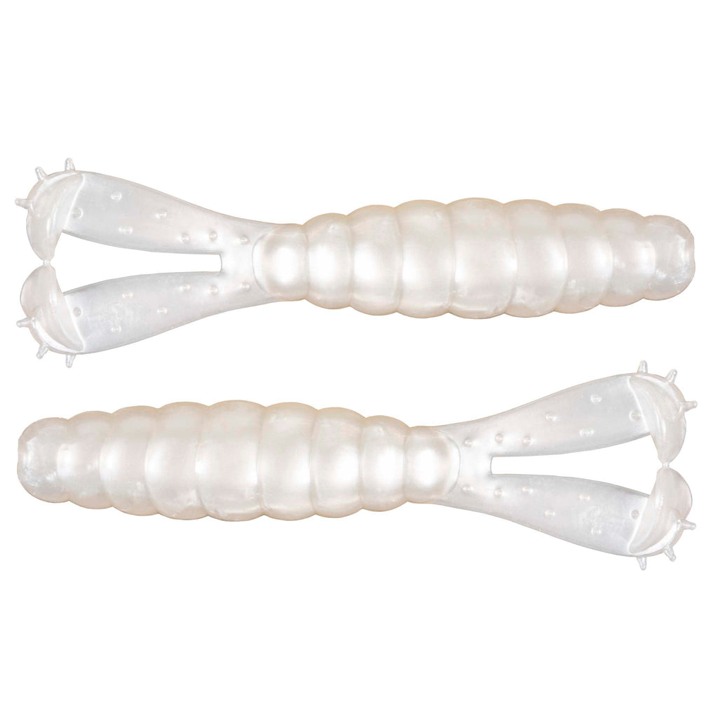Soft plastic fishing lure pair in translucent white with ridged segmented bodies