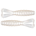 Soft plastic fishing lure pair in translucent white with ridged segmented bodies