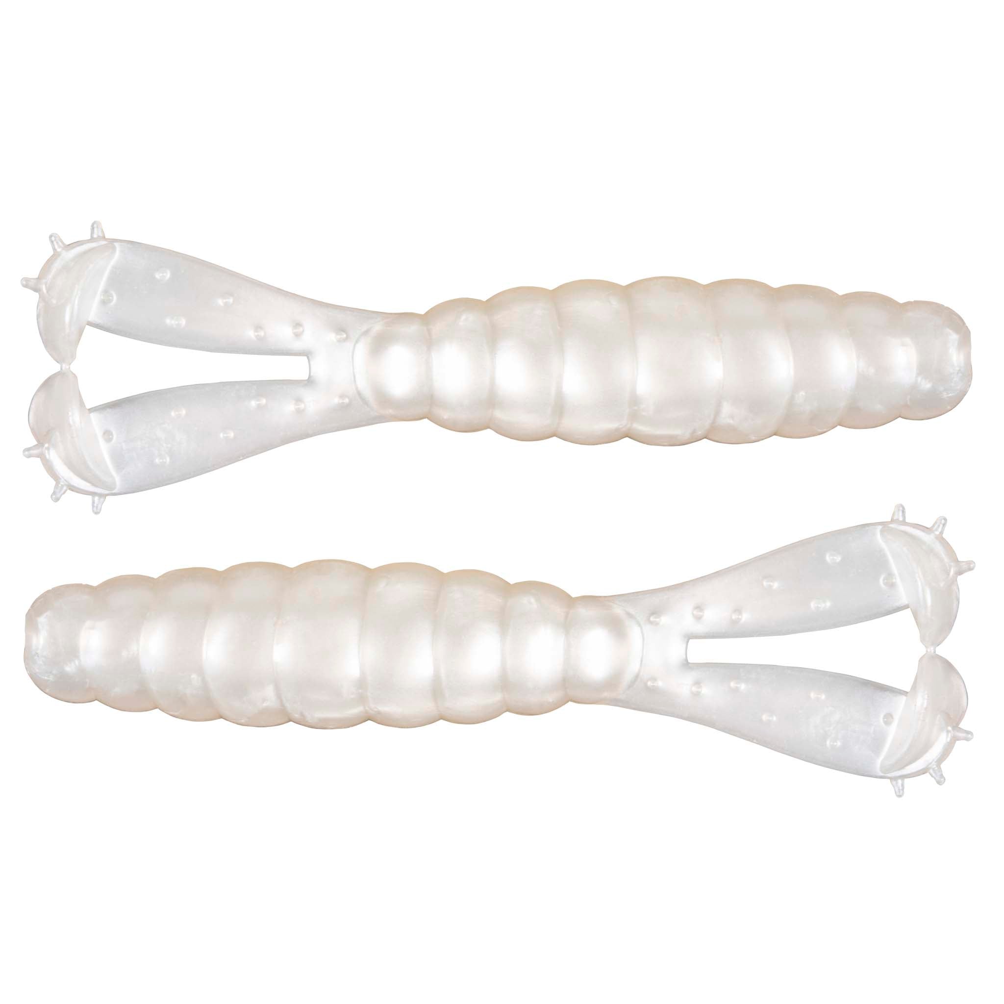 Soft plastic fishing lure pair in translucent white with ridged segmented bodies