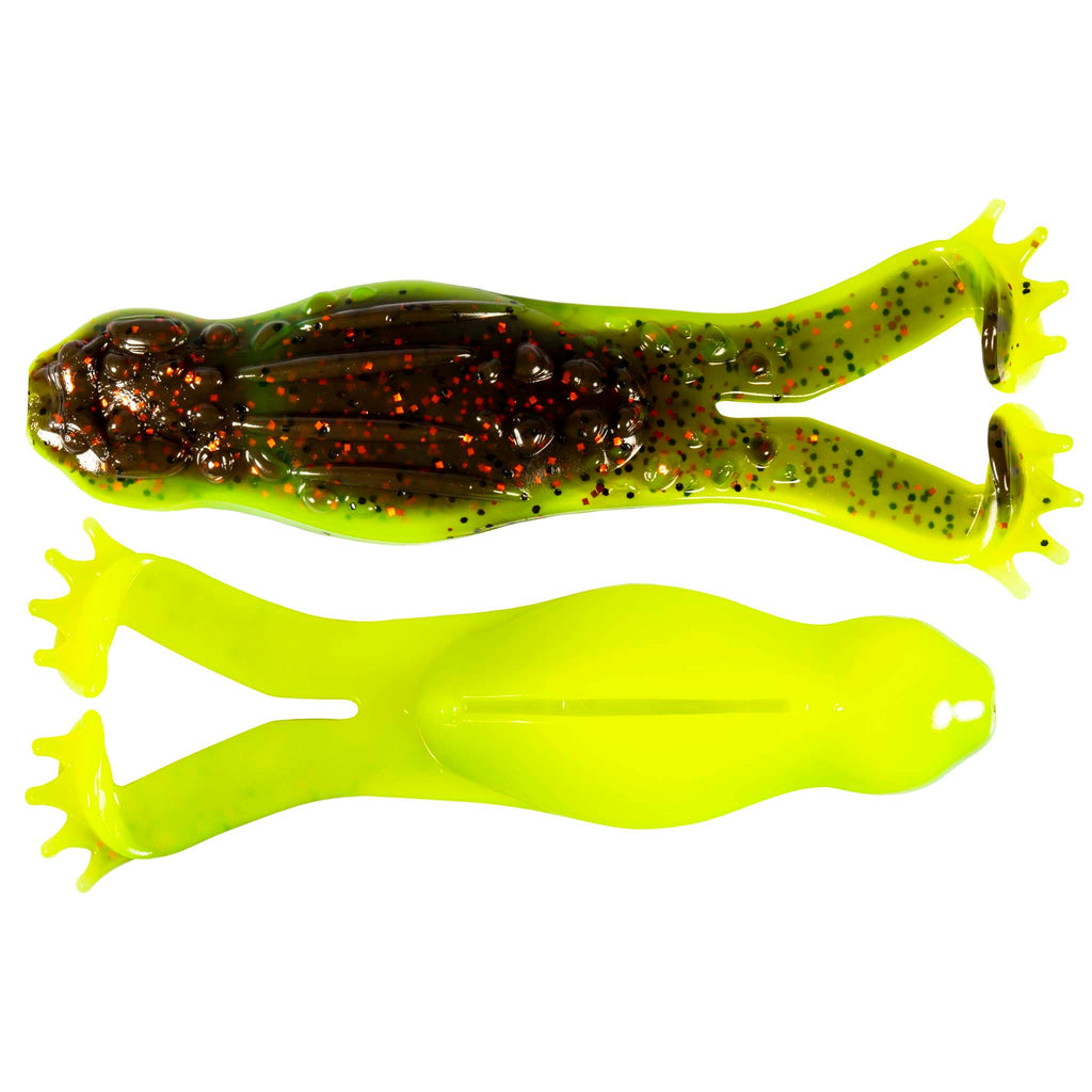 Neon yellow-green soft plastic fishing lure set with speckled body and split tail