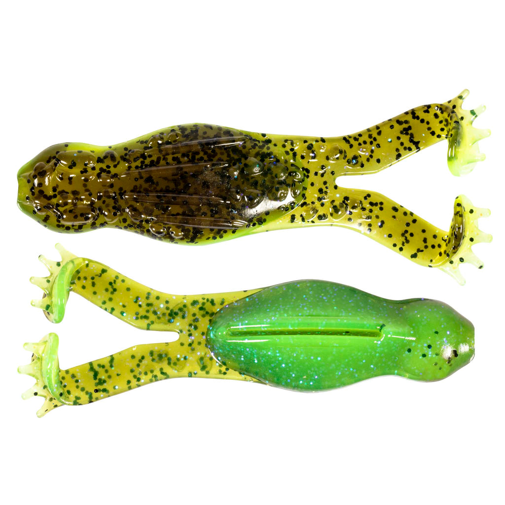 Lime green and bright green soft plastic fishing lure set with speckled bodies and split tail